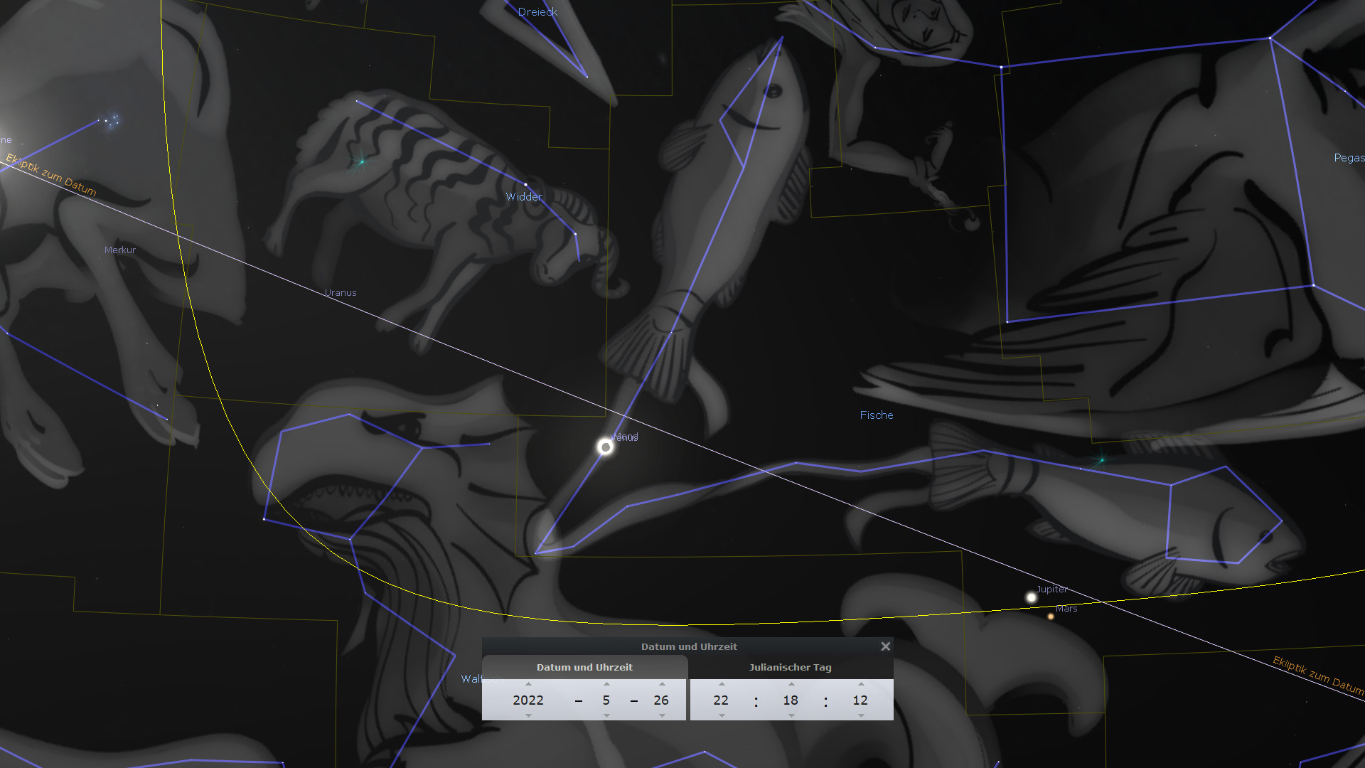 Digitale Darstellung eines Sternenfelds mit prominenten Illustrationen verschiedener Sternbilder, darunter das Sternbild des Widders und der Fische, verbunden durch blaue Linien, die deren Hauptsterne hervorheben. Hinzugefügt sind gelbe Rechtecke und Informationen über Planetenpositionen wie Merkur und Jupiter. Bildschirmanzeige enthält Datum und Uhrzeiteinstellungen.