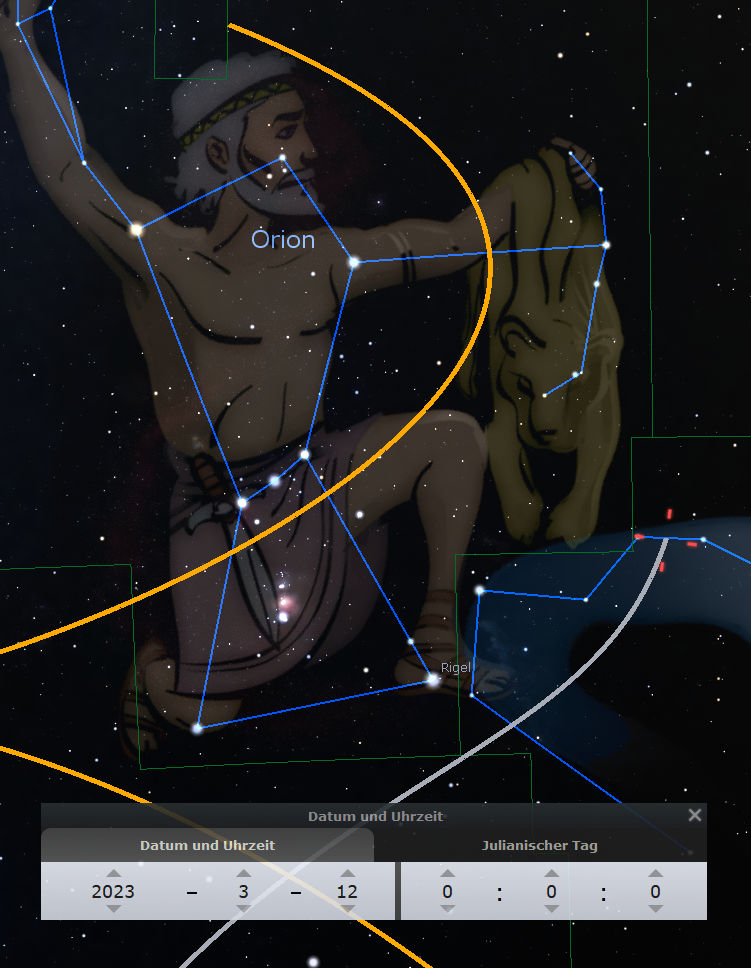 Illustration des Sternbilds Orion, umrahmt von Linien, die die markanten Sterne verbinden, einschließlich Rigel am unteren Rand. Die Darstellung zeigt Orion als mythischen Jäger in einer dynamischen Pose gegen einen nächtlichen Sternenhimmel. Datum und Uhrzeit sind unten im Bild angegeben.