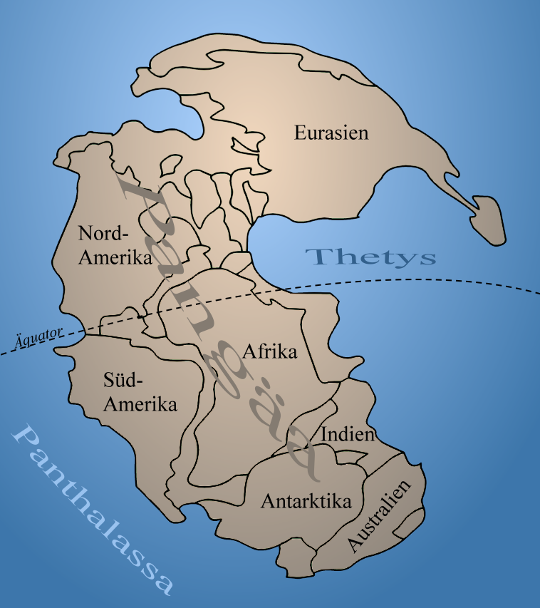 Illustration der prähistorischen Erde zur Zeit des Superkontinents Pangäa, mit den Konturnen von Nordamerika, Südamerika, Afrika, Eurasien, Indien, Antarktika und Australien. Die Kontinente sind von dem globalen Ozean Panthalassa umgeben. Details wie der Äquator und das Tethysmeer sind markiert.