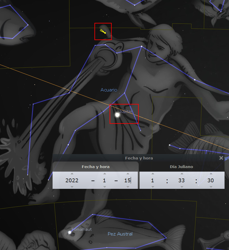 Imagen de una constelación en una representación astronómica que muestra una figura humana derramando agua desde un recipiente, con líneas de conexión entre las estrellas que destacan la figura. Además, se marca la posición del planeta Júpiter cerca de la constelación, junto con etiquetas de software de astronomía mostrando la fecha y hora específica.