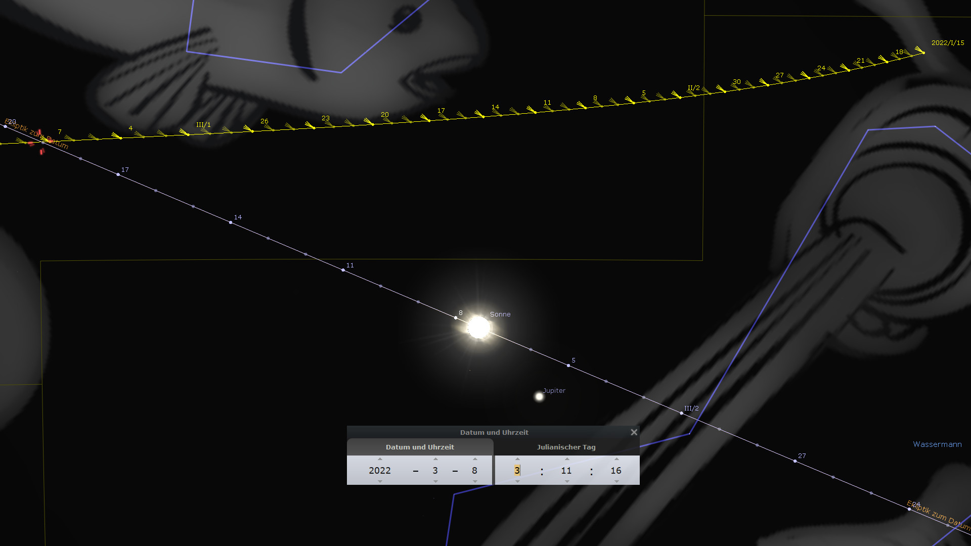 Grafische Darstellung eines astronomischen Modells mit hervorgehobenen Bahnen von Himmelskörpern. Im Zentrum leuchtet die Sonne hell. Unten im Bild ist ein Datenfenster mit Datum und Uhrzeit. Eine Linie zeigt die scheinbare Bahn der Sonne (Ekliptik) durch die Mazzaroth, speziell durch das Sternbild Wassermann.