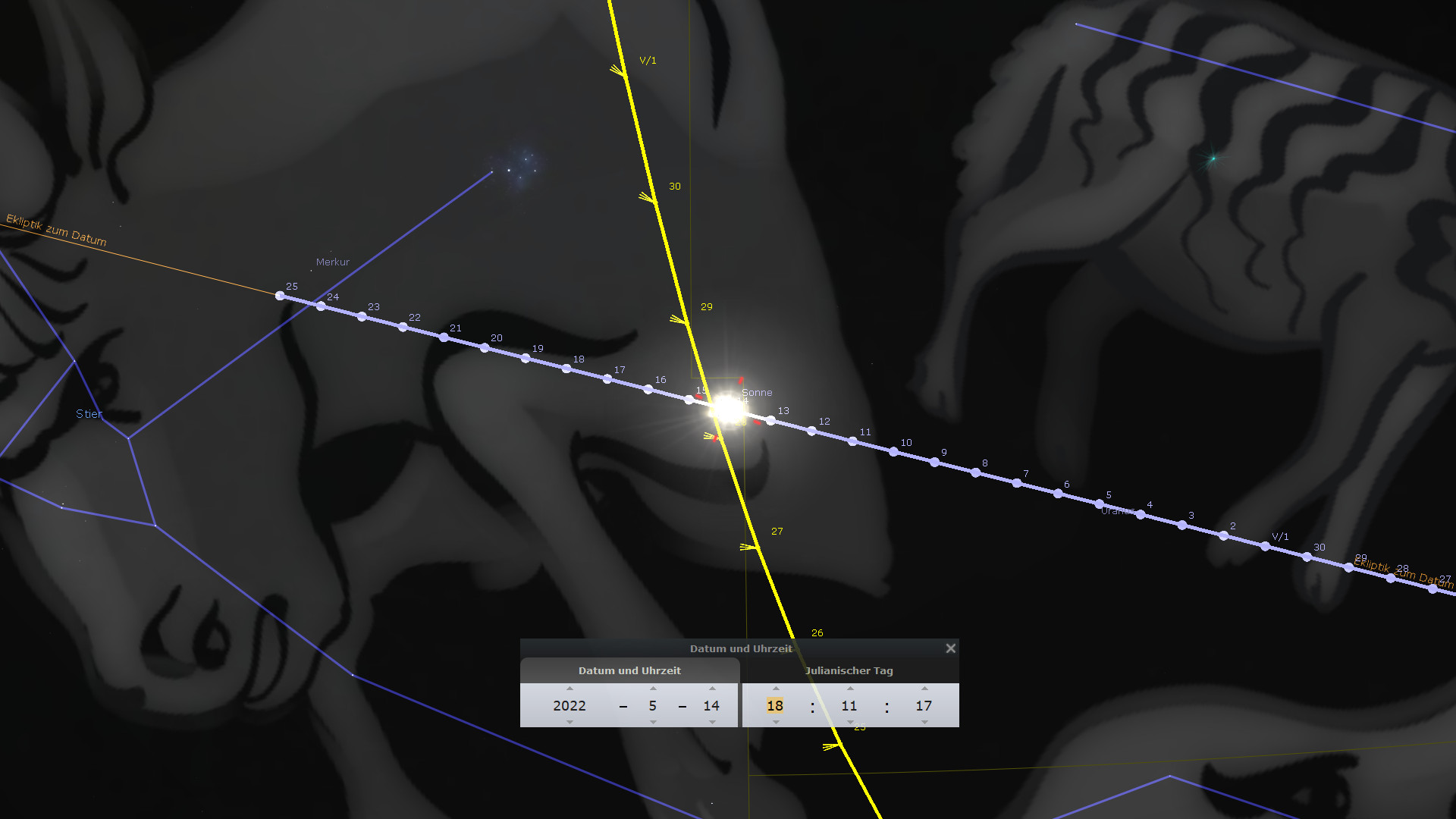 Digitale Darstellung einer stilisierten Tierfigur, überlagert mit einem wissenschaftlichen Sternbild und astronomischen Spuren. Eine markante gelbe Linie illustriert die Bahn der Sonne, andere Linien und Beschriftungen kennzeichnen Positionen verschiedener Himmelskörper.