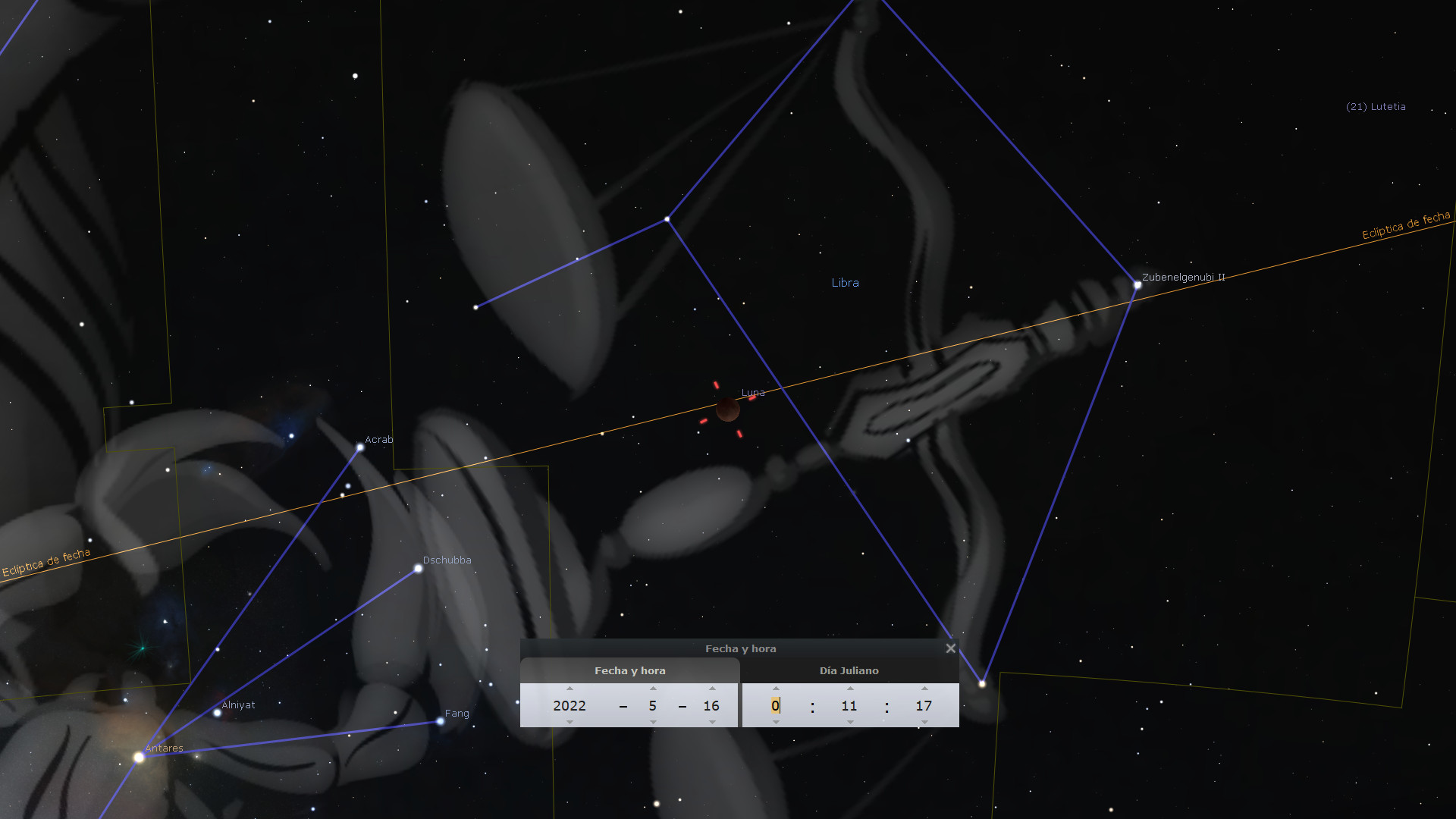 Representación digital del cielo nocturno mostrando estrellas y constelaciones como Libra, con líneas que conectan las estrellas para formar patrones. El fondo es oscuro, decorado con imágenes de constelaciones estilizadas, y se incluyen nombres de estrellas como Antares y datos astronómicos bancarios como fechas y coordenadas celestes.