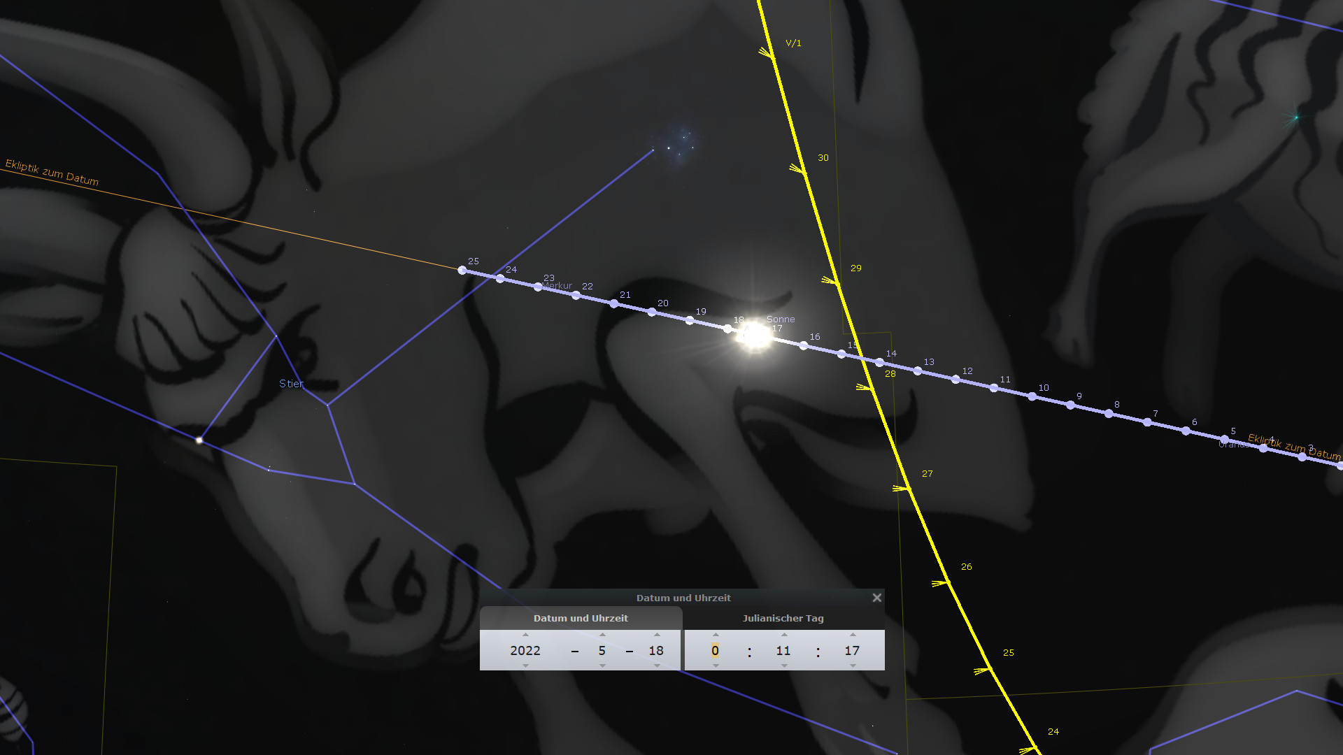 Digitalgrafik des astronomischen Himmels mit Überlagerung einer künstlerischen Darstellung von Wesen der Mazzaroth. Die Grafik zeigt leuchtende Punkte, Linien, die verschiedene Himmelskoordinaten verbinden, und die Position der Sonne. Diese Darstellung soll die Bewegung von Himmelskörpern verdeutlichen.