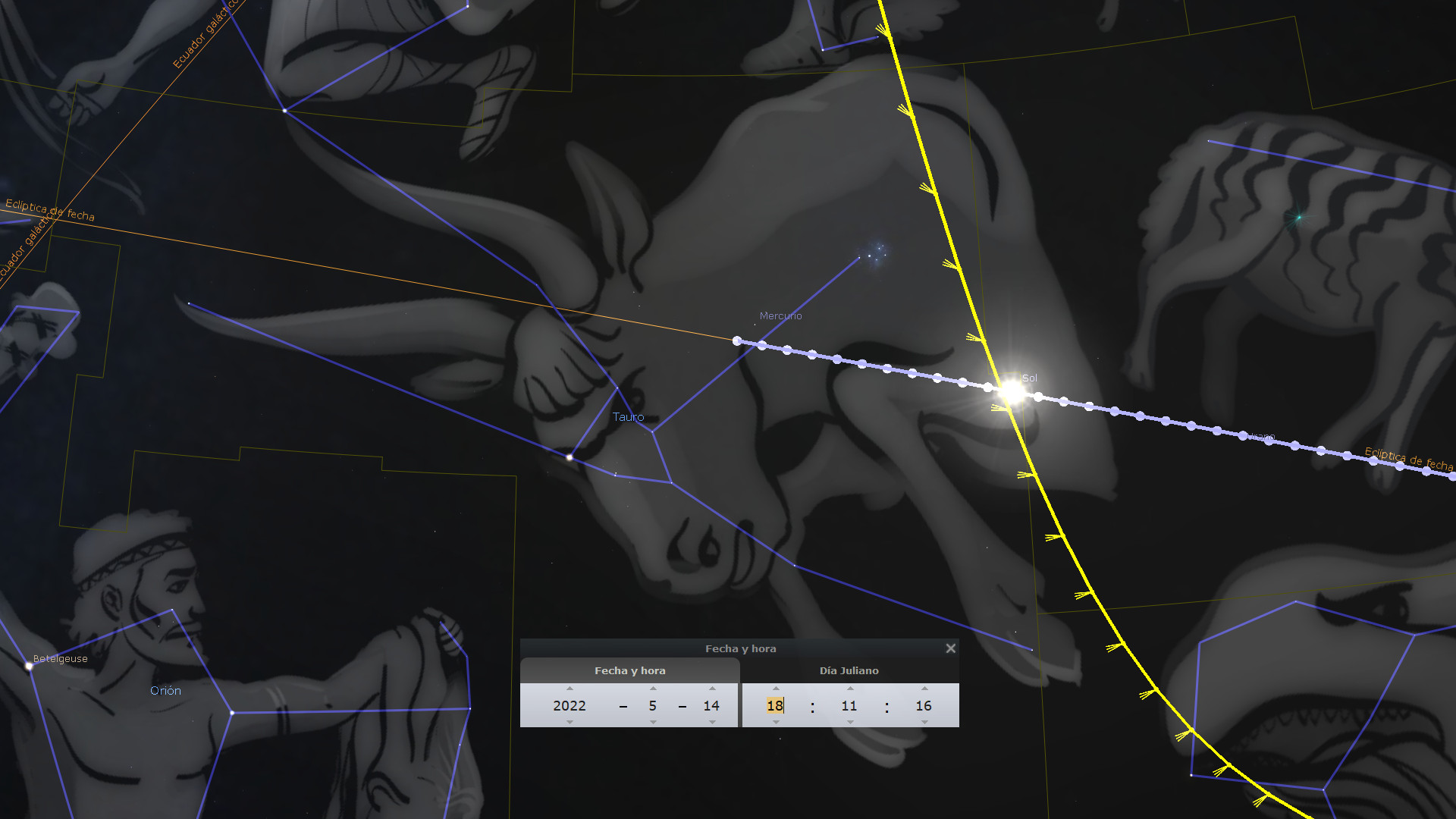 Ilustración de un software astronómico mostrando la eclíptica y distintas constelaciones con sus nombres científicos, como "Tauro" y "Orion", y posiciones de cuerpos celestes como el Sol y Mercurio, con líneas de conexión azules y puntos brillantes. Incluye una interfaz de usuario con la fecha y hora del sistema.