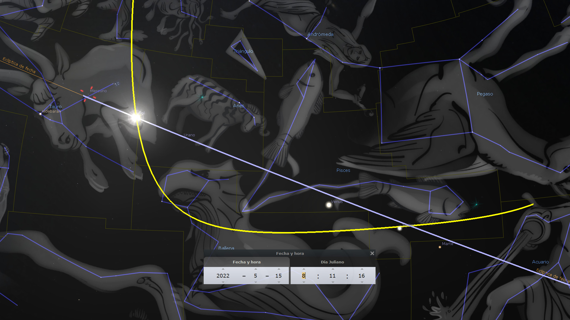 Imagen de un mapa estelar interactivo que muestra diversas constelaciones con líneas que conectan estrellas individuales para formar figuras, incluyendo Andrómeda y Pegaso. Se destacan etiquetas astronómicas específicas como la posición de cuerpos celestes como el Sol, Marte y Venus, y referencias a posiciones en el cielo y fechas.