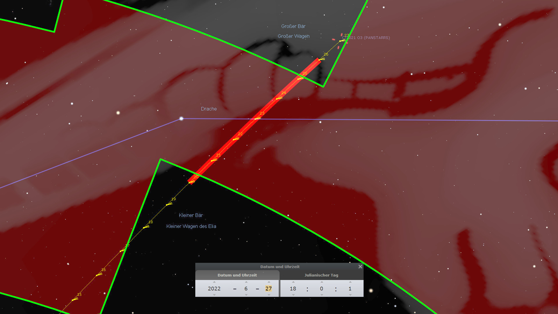 Astronomische Darstellung mit Nachthimmelansicht, die mehrere Sternbilder zeigt. Linien und Datenetiketten in verschiedenen Farben markieren Positionen und Bahnen von Himmelskörpern. Im Bildvordergrund ist ein Informationsfeld mit Datum und Uhrzeit zu sehen.