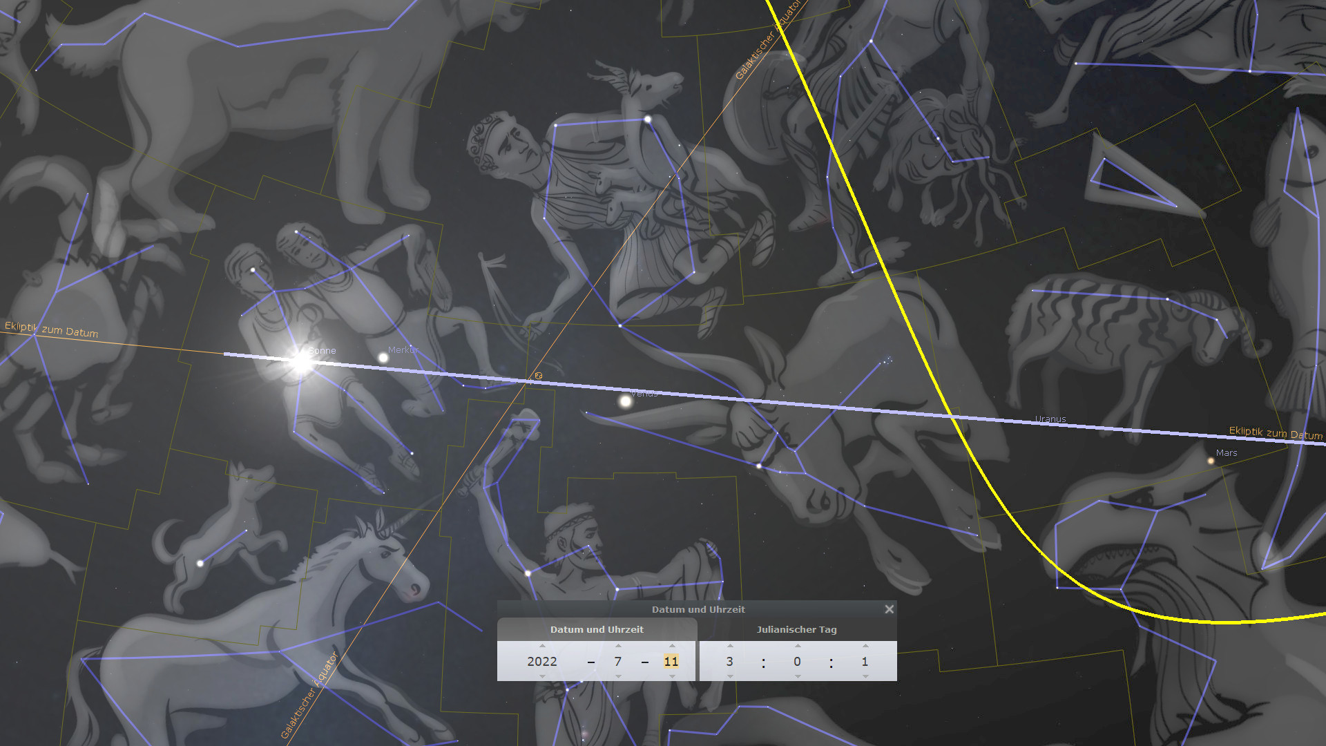 Digitale Darstellung des gestirnten Himmels mit Abbildungen verschiedener Figuren, die in biblischen Begriffen als Mazzaroth zusammengefasst werden, überlagert von wissenschaftlichen Annotationen und Koordinaten. Hell leuchtende Sterne und astronomische Beschriftungen wie die Positionen von Sonne und Mars sind erkennbar.