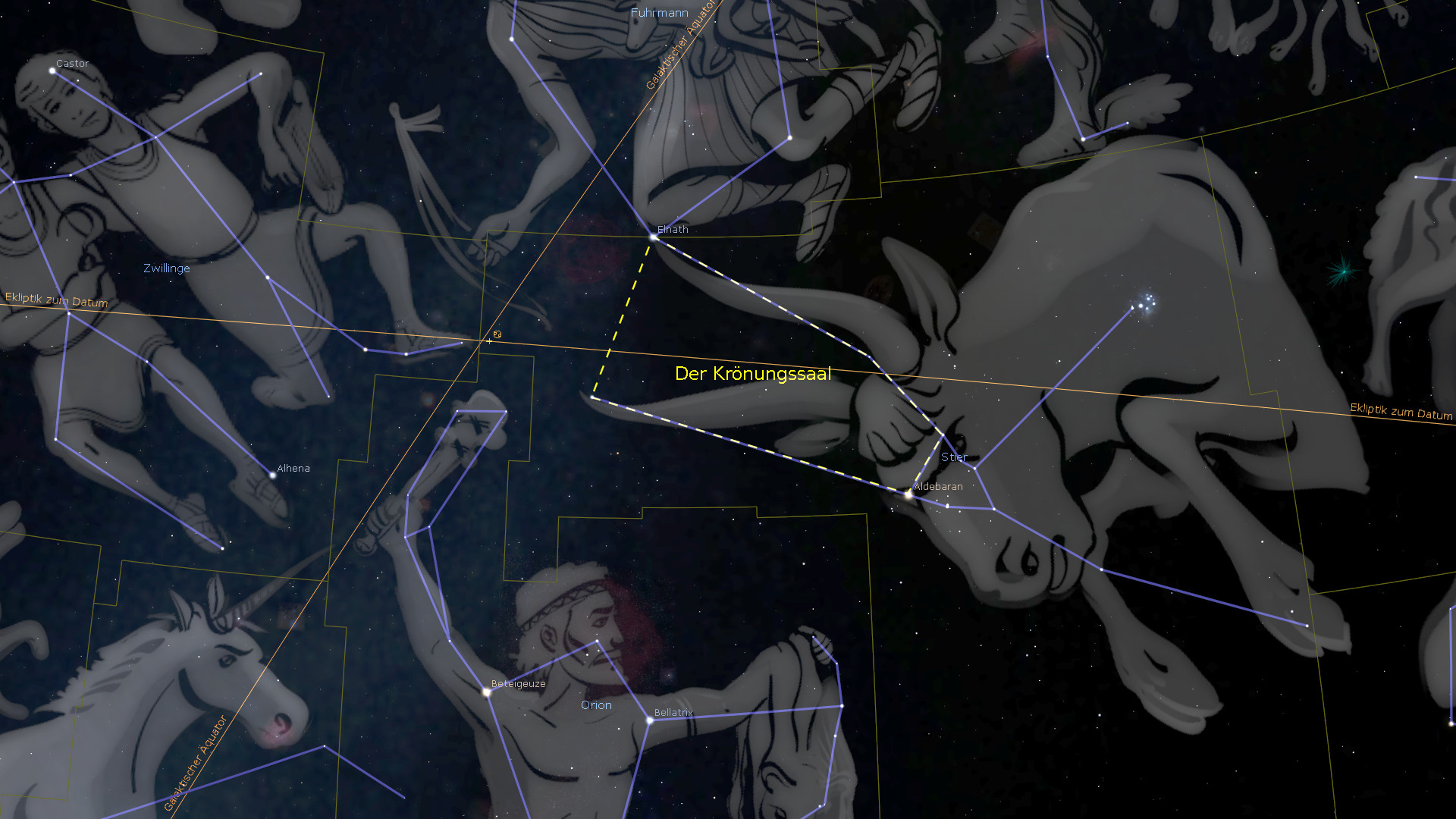 Digitale Darstellung des Nachthimmels, in der verschiedene Sternbilder, darunter die Zwillinge und Orion, mit Linien verbunden und benannt sind. Die Hintergrundfarbe ist dunkel, um den Eindruck eines Sternenhimmels zu erwecken, mit hellen Sternen und Sternennamen, die in gelben Linien und Schrift abgebildet sind.