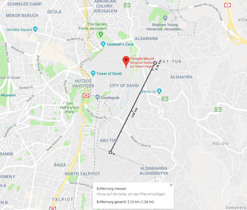 Digitale Karte von Jerusalem, die eine markierte Route von der Stadt Davids zum Tempelberg zeigt. Die Karte ist in verschiedenen Farben angelegt, mit Straßen, Grünflächen und wichtigen Orten, die klar gekennzeichnet sind.