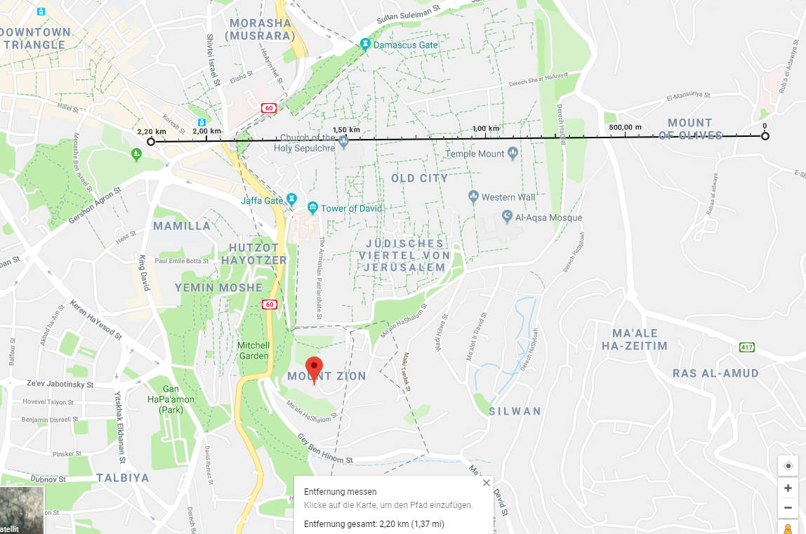 Digitale Karte von Jerusalem, die verschiedene Viertel, bedeutende Straßen und Sehenswürdigkeiten anzeigt, einschließlich des Tempelbergs und der Altstadt. Die Karte zeigt die Entfernungsmaßstab im unteren Bereich und markierte Wege mit Distanzen.