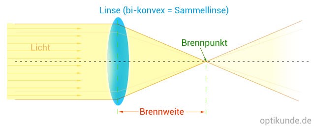 Schematische Darstellung der Lichtbrechung durch eine bikonvexe Sammellinse. Das Diagramm zeigt parallele Lichtstrahlen, die auf die Linse treffen und im Brennpunkt konzentriert werden, mit Markierungen für den Brennpunkt und die Brennweite.