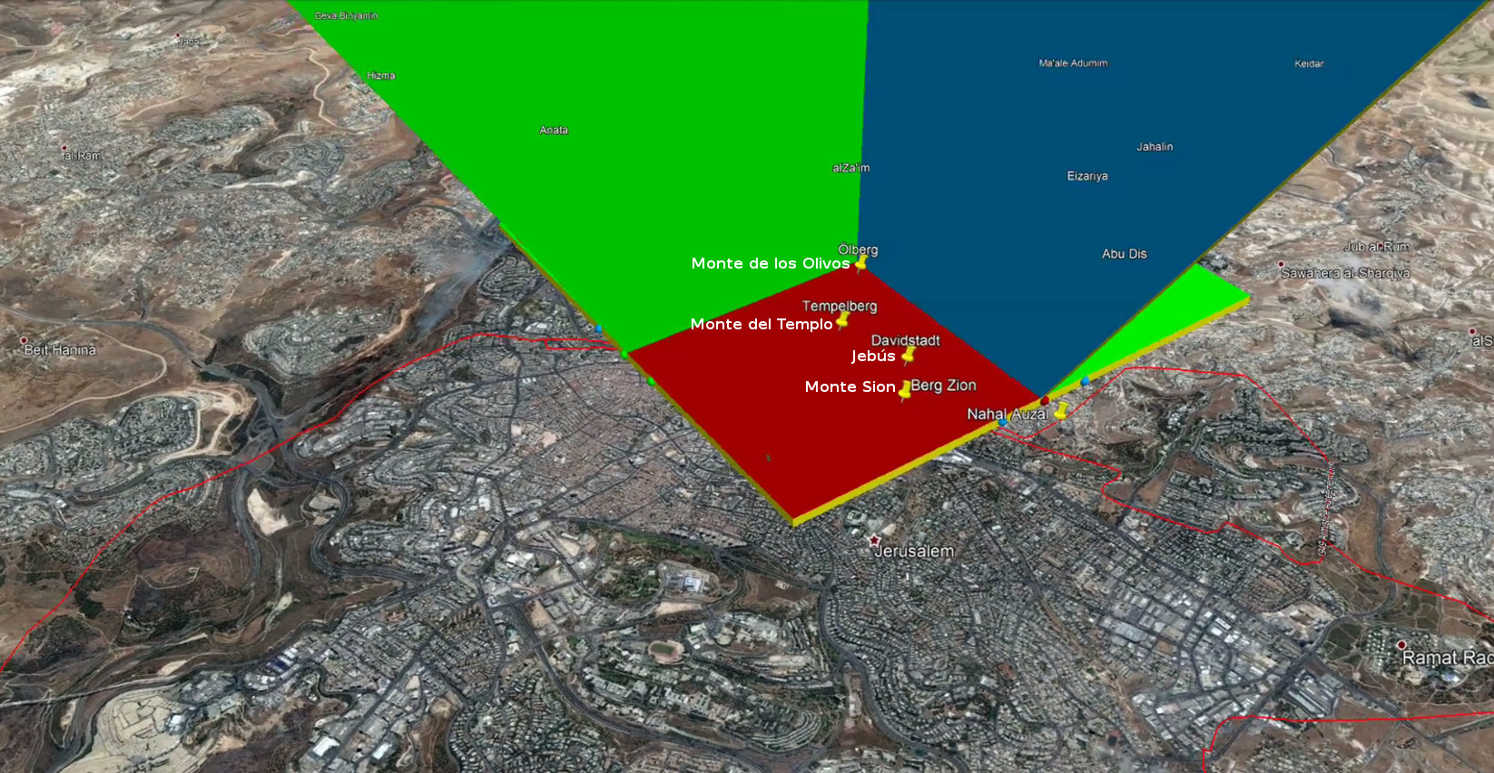 Vista satelital de una sección de Jerusalén con superposiciones de ángulos en colores vibrantes de verde, rojo y amarillo, indicando diferentes áreas geográficas con nombres como "Monte de los Olivos", "Monte del Templo", y "Monte Sion". Cada área está marcada significativamente para destacar su ubicación y distribución en la ciudad.