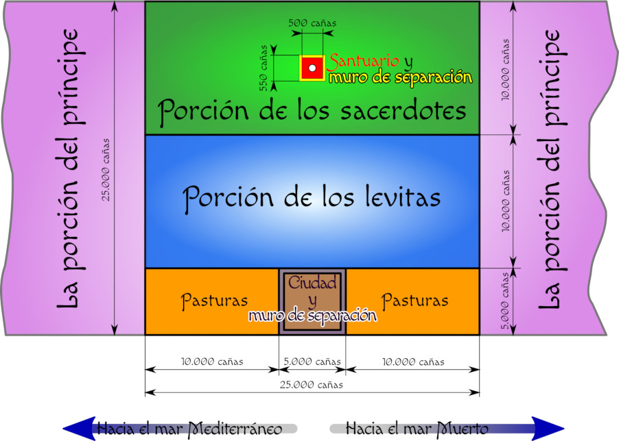 Diagrama colorido que ilustra la distribución de tierras en un contexto bíblico, señalando diferentes áreas designadas para los príncipes, sacerdotes y levitas. Incluye medidas en cañas y ubicaciones relativas a los mares Mediterráneo y Muerto.