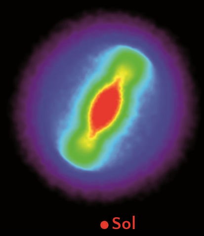 Imagen termográfica del Sol mostrando varias regiones con diferentes temperaturas. Se observa una zona central en rojos y amarillos indicando altas temperaturas, rodeada de áreas en verdes y azules que representan temperaturas más bajas.