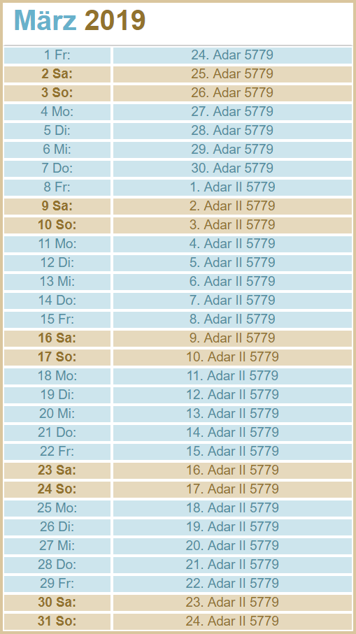 Kalender für März 2019 mit täglichen Daten, die Tage der Woche auf Deutsch anzeigen, beginnend mit Freitag, dem 1. März, und endend mit Sonntag, dem 31. März. Jeder Tag ist neben einer korrespondierenden Datumskennzeichnung in einem anderen Kalendersystem, Adar 5779, gezeigt, wobei einige Tage den Zusatz "Adar II" aufweisen.