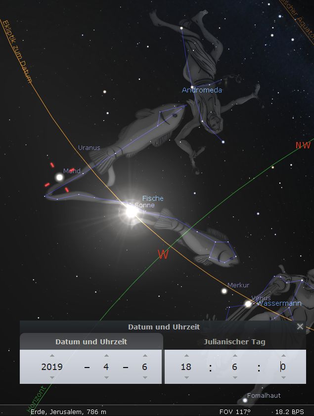 Astronomische Darstellung verschiedener Himmelskörper und Sternbilder, einschließlich des Sonnensystems und der Mazzaroth-Formationen. Sichtbar sind die Planeten Uranus und Merkur sowie der Mond in Konjunktion mit der Sonne. Die Sternbilder inklusive Andromeda und Wassermann sind grafisch hervorgehoben. Im Hintergrund sind weitere Sterne zu erkennen. Datum und Beobachtungsort sind auf einem Bildschirm im unteren Bereich angegeben, entsprechend dem 6. April 2019 in Jerusalem.