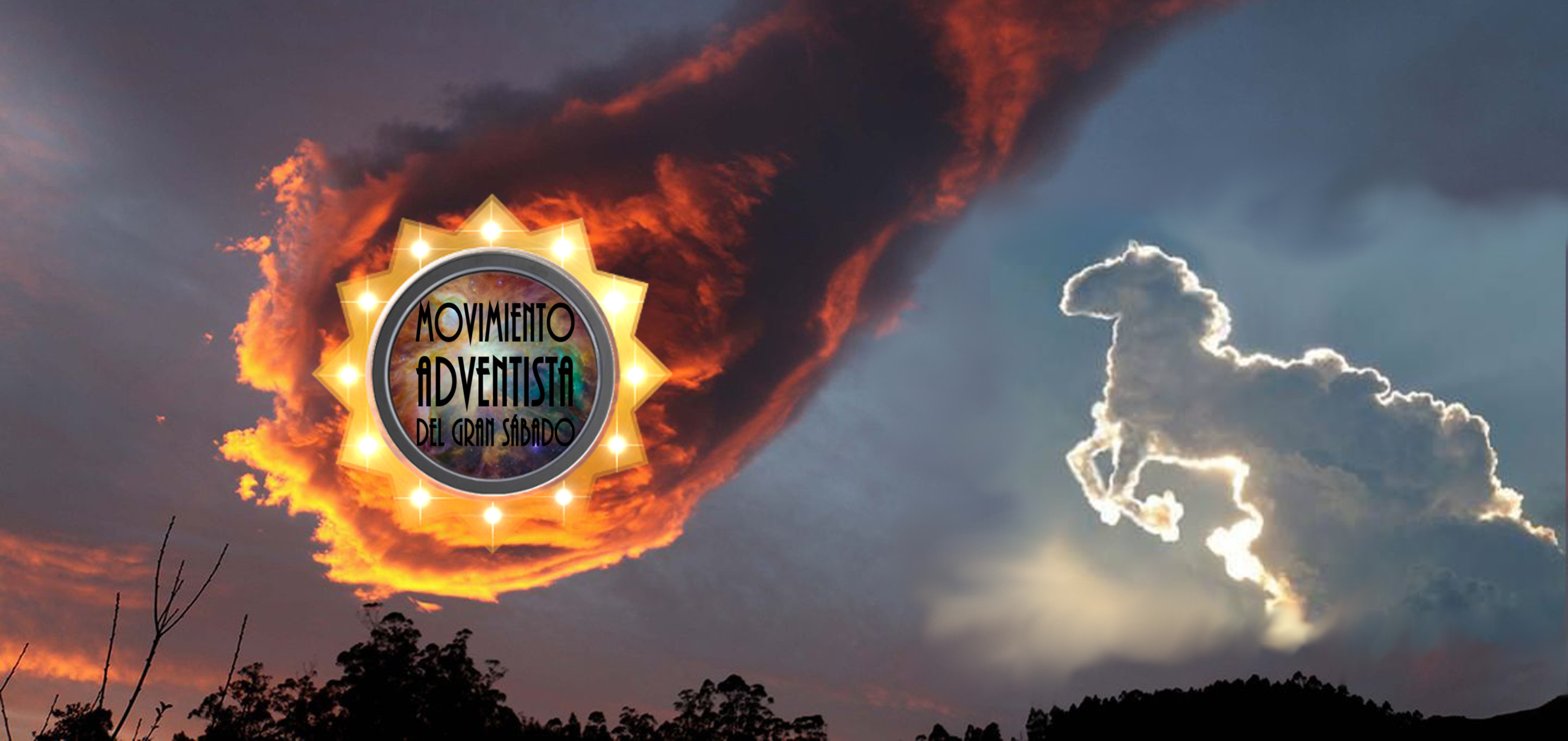La imagen muestra una dramática puesta de sol con nubes intensamente iluminadas en tonos de naranja y rojo. En la izquierda, un emblema circular con la inscripción "Movimiento Adventista del Gran Sábado" destaca sobre el cielo. En la parte derecha, la silueta de una nube formando una figura similar a la de un cordero resalta contra un fondo de cielo azul claro.