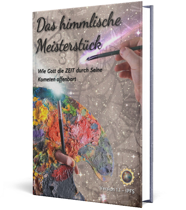 Ein Cover eines Buches mit dem Titel "Das himmlische Meisterstück". Auf dem Cover sieht man eine Hand, die mit einem Pinsel in leuchtenden Farben auf einer Palette malt, eingebettet in einen Sternenhintergrund, der eine subtile Darstellung des Mazzaroth enthält.