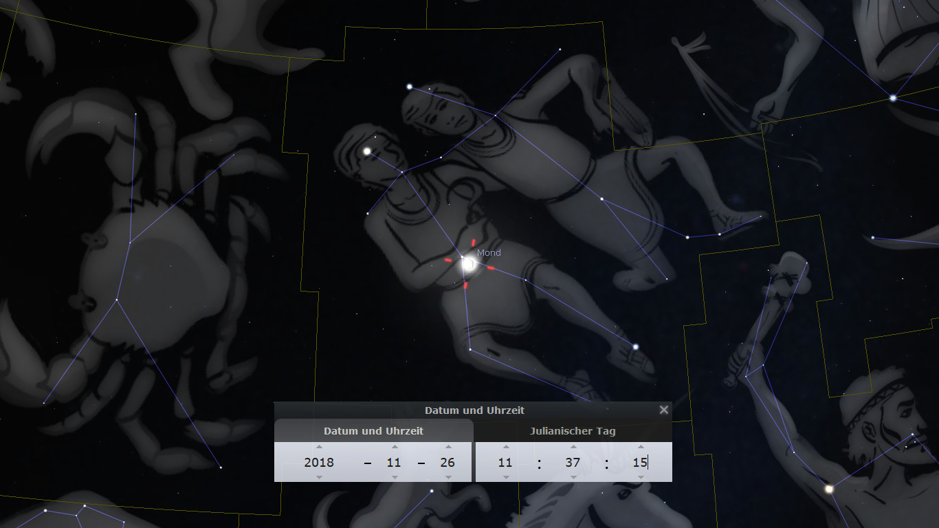 Ein digitales Bild des Mazzaroth, das eine grafische Darstellung von Sternbildern mit Aufzeichnungen über Sternkoordinaten und Verbindungslinien zwischen Sternen zeigt. Auf dem Bild ist auch der Mond und eine Datums- und Zeitangabe vom 26. November 2018 angezeigt.