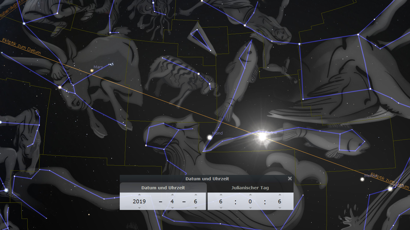 Grafische Darstellung eines Sternenhimmels mit konstellativen Verbindungen zwischen Sternen, welche traditionelle Figuren bilden. Merkmale astronomischer Körper wie Mars und Mond sind hervorgehoben. Die Grafik beinhaltet eine Datums- und Uhrzeitanzeige, die den 6. April 2019, 00:06 Uhr, zeigt.