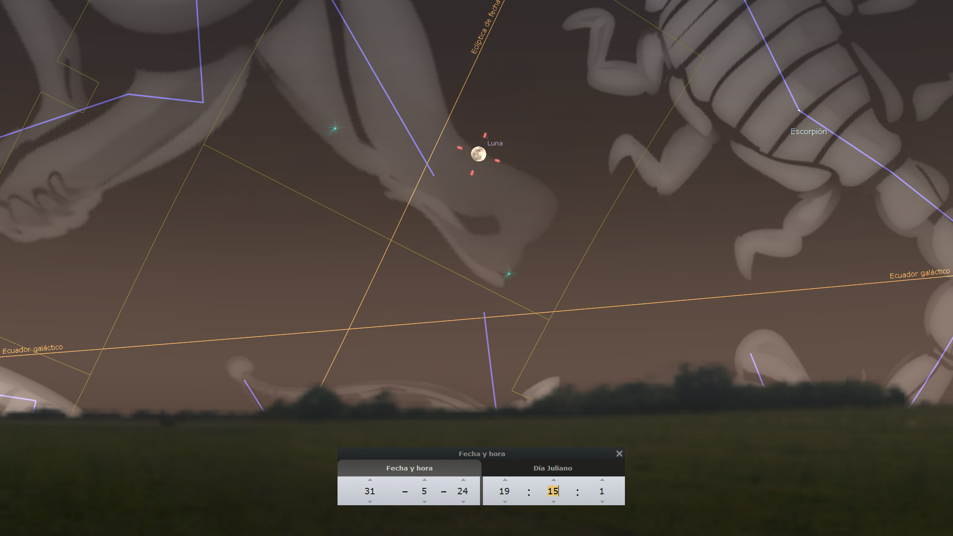 Ilustración nocturna mostrando un campo vasto bajo un cielo estrellado con representaciones visuales de dos constelaciones, una reconocida comúnmente como un animal con pinzas y cola dividida en segmentos. Se ven líneas que conectan estrellas dentro de estas constelaciones, y etiquetas como "Luna" y "Ecuador galáctico" son visibles, junto con una ventana de software mostrando fecha y hora.