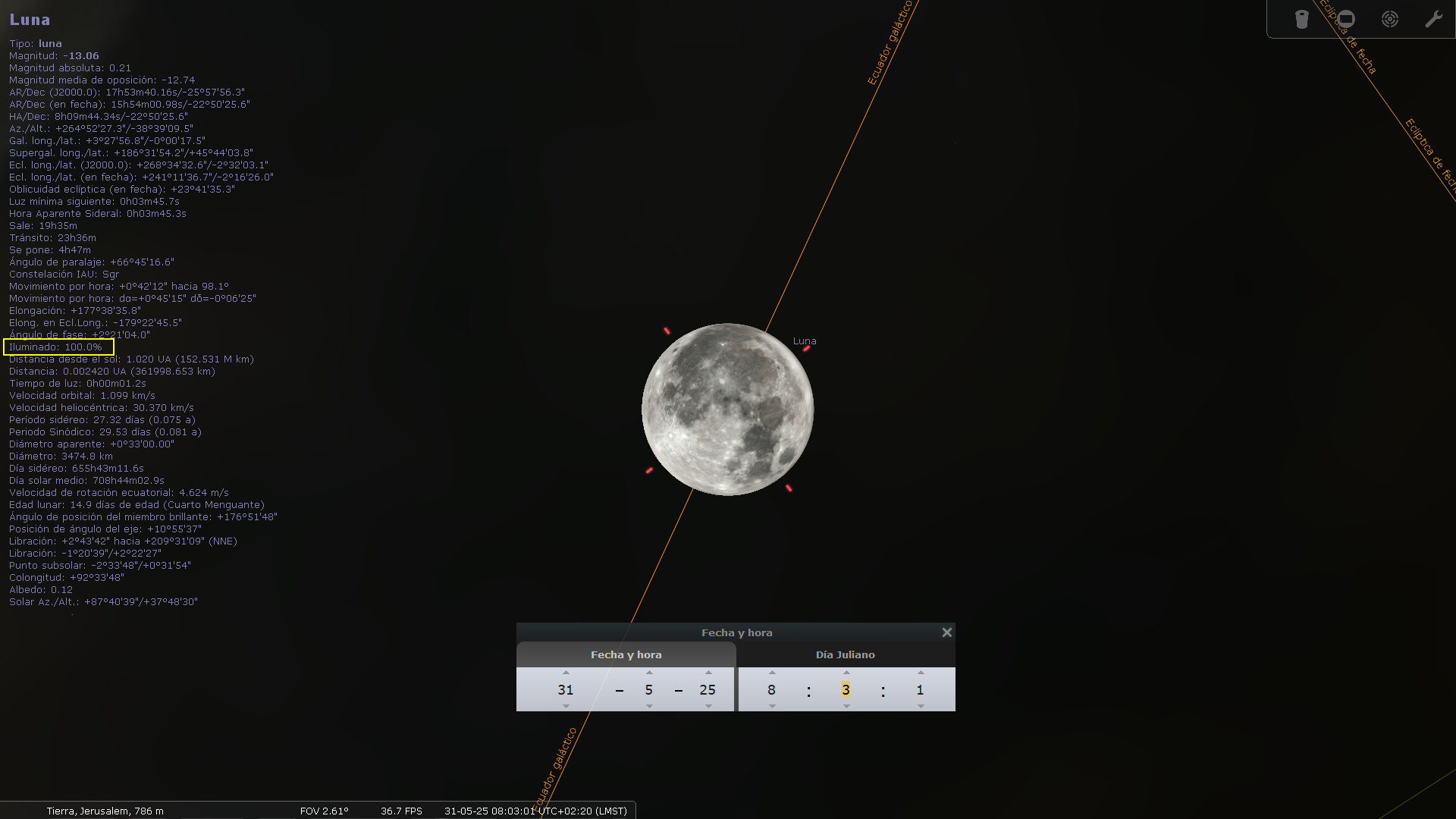 Imagen de la Luna en primer plano, iluminada y detallada con mares y cráteres visibles, sobre un fondo estrellado negro. Se incluyen datos técnicos sobre sus características astronómicas y su posición en tiempo real, mostrados en la parte izquierda de la imagen.