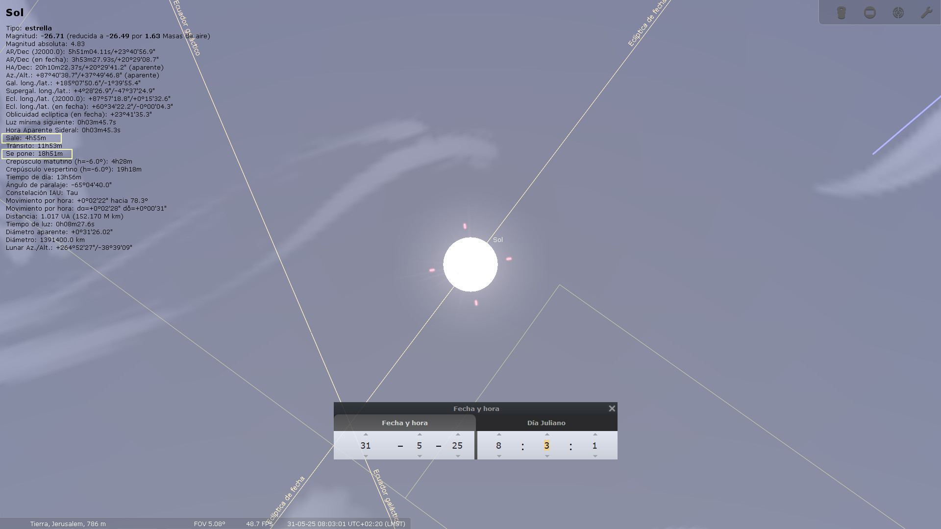Captura de pantalla de una simulación astronómica mostrando el Sol brillante en el centro, acompañado de data técnica como su magnitud, distancia y ubicación en una interfaz de usuario digital. Segmentos de líneas blancas conectan diferentes puntos alrededor del sol, representando aspectos astronómicos.