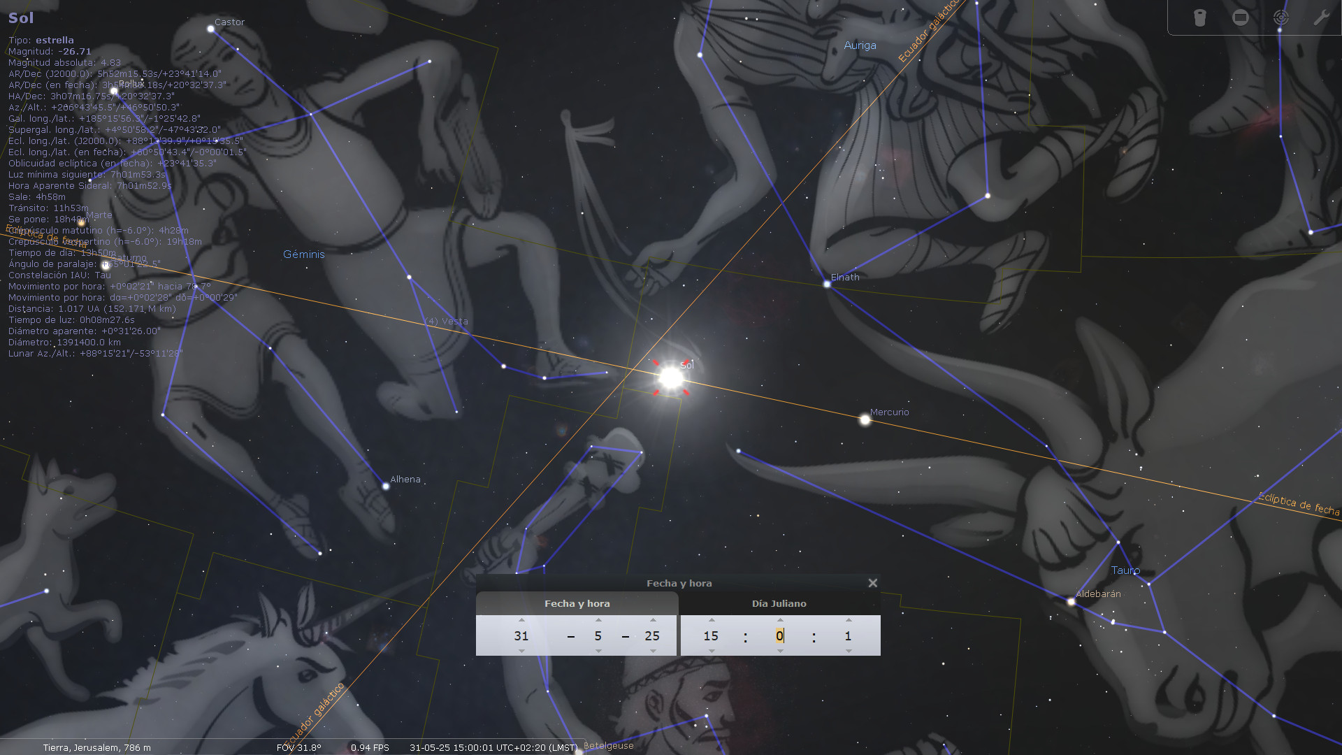 Representación digital del cielo nocturno mostrando diversas constelaciones con figuras mitológicas en tonos grises sobre un fondo oscuro estrellado. Se destacan líneas que conectan estrellas formando patrones, y varios nombres de estrellas y coordenadas astronómicas son visibles. El sol se muestra brillantemente en el centro con sus detalles técnicos expuestos.
