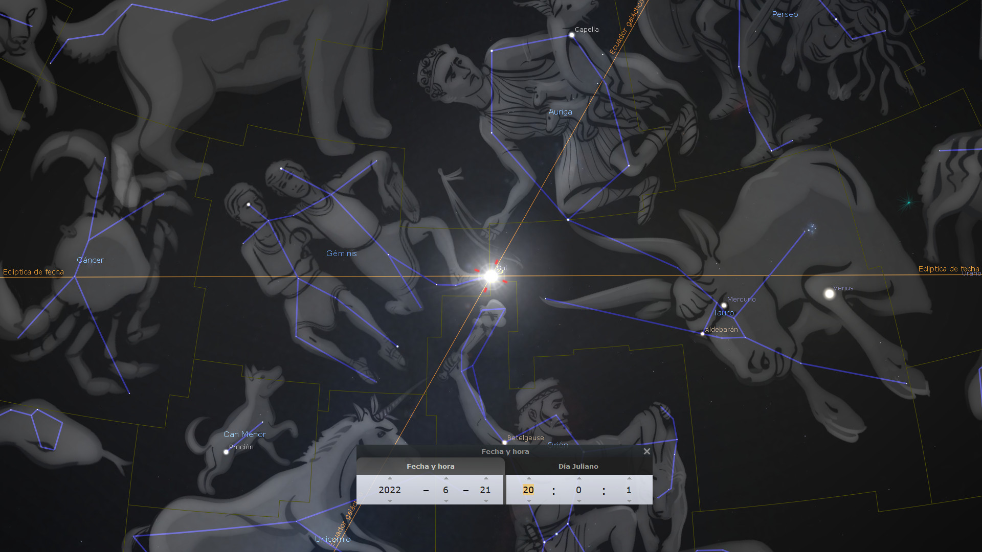 Ilustración digital de un mapa estelar que muestra constelaciones antropomórficas interconectadas por líneas azules sobre un fondo oscuro. Destacan figuras representativas como un guerrero y un cazador, junto a estrellas brillantes como Sirio y Capella, y planetas como Venus y Mercurio, indicativos de su posición en el firmamento en una fecha específica.