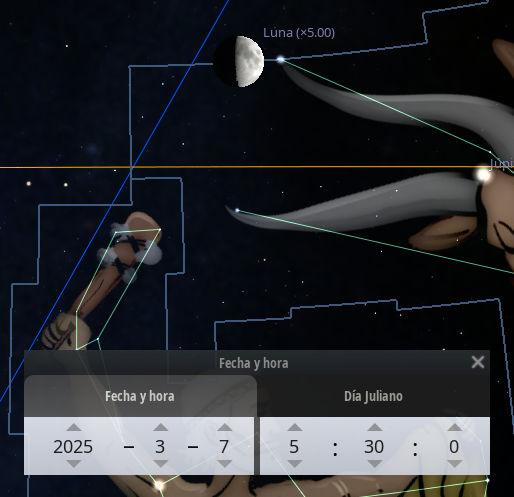 Ilustración de un software astronómico mostrando la Luna amplificada cinco veces, junto con líneas que conectan diferentes constelaciones en el cielo estrellado nocturno. En la parte inferior se observa una ventana de interfaz con ajustes de fecha y hora configurados para el 7 de marzo de 2025, a las 5:30.