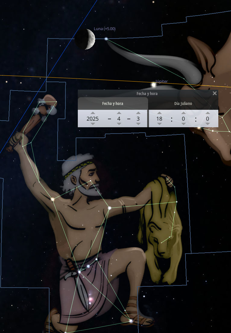 Ilustración astronómica que muestra un personaje masculino con una lira en el espacio, conectado por líneas a varias estrellas, con la Luna y Júpiter visibles en el fondo. Paneles con información de fecha y ubicación cósmica también están presentes.