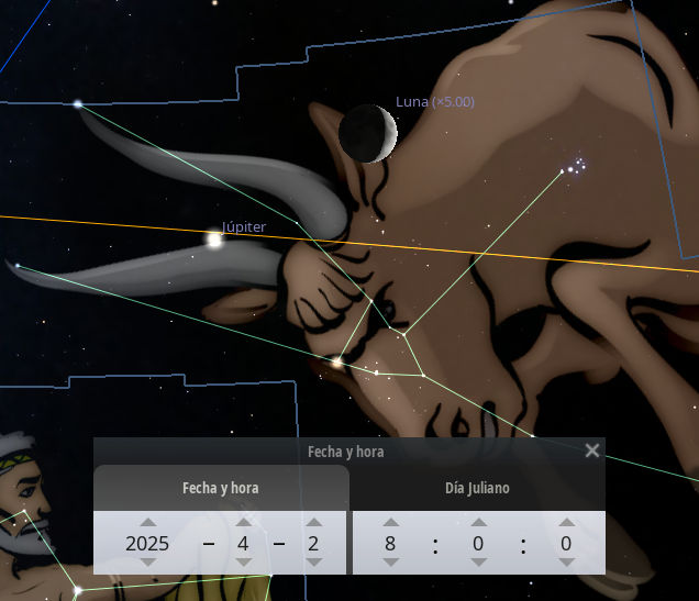 Ilustración de un fondo estelar con una representación artística de un toro destacándose entre las estrellas. Se visualizan etiquetas de objetos celestes, como 'Júpiter' y 'Luna', y unas líneas que parecen indicar trayectorias o posiciones astronómicas. En primer plano, hay una ventana de interfaz de usuario mostrando una fecha específica en 2025.