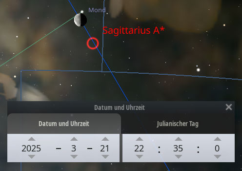 Astronomisches Diagramm, das den Mond und die Region nahe Sagittarius A* zeigt, markiert auf einer Koordinatenebene. Einstellungen für Datum und Uhrzeit sowie Julianischer Tag sind unten auf dem Bildschirm sichtbar, eingestellt auf 21. März 2025, 22:35:00.