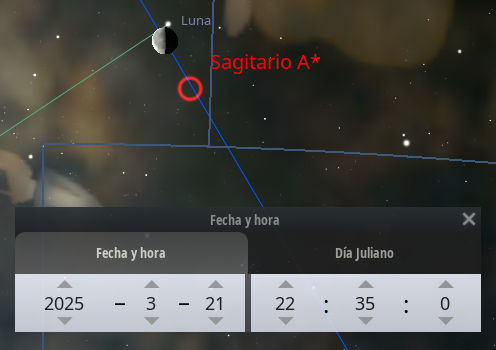 Imagen de un software astronómico mostrando la Luna y la región celeste próxima a Sagitario A*, con superposiciones de coordenadas y una interfaz de usuario que indica la fecha y hora del 21 de marzo de 2025, 22:35.