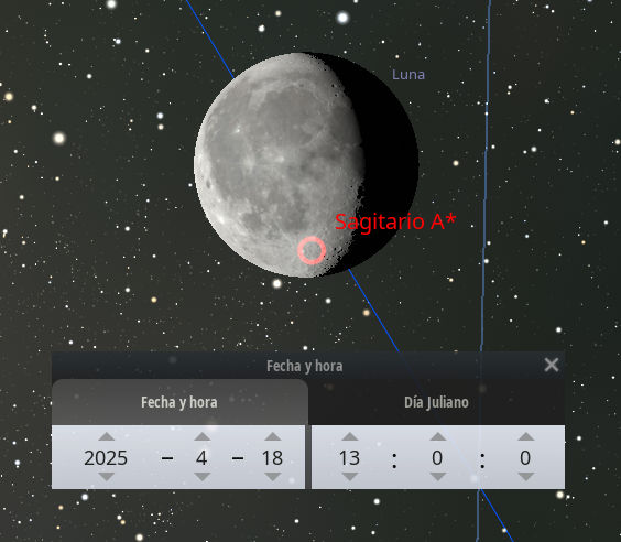 Imagen de un programa de simulación astronómica que muestra la Luna en primer plano con marcas de constelación y estrella. En el fondo, puntos de estrellas se dispersan en el espacio. En la parte inferior, hay un panel de control que indica la fecha y la hora: 18 de abril de 2025, 13:00 hora Julian.