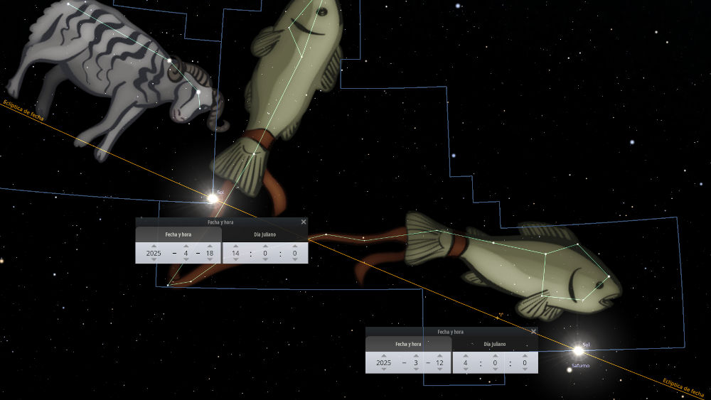 Ilustración que muestra dos representaciones celestiales de elementos del Mazzaroth, un toro y un par de peces, contra un fondo estrellado. Ambos elementos están contenidos en líneas de contorno que indican sus formas respectivas. En la imagen también aparecen dos ventanas flotantes con fechas y ajustes astronómicos, indicando posiciones específicas en el cielo.
