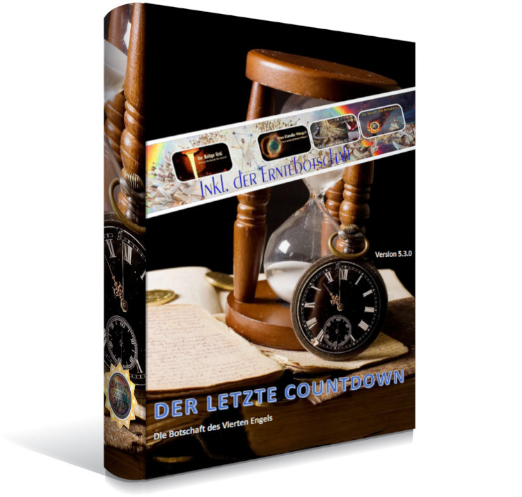 Eine kreative Darstellung eines Buches mit dem Titel "Der letzte Countdown" in der Version 5.3.0. Der Buchumschlag zeigt eine Sanduhr, ein klassisches Navigationskompass und handgeschriebene Notizen. Die obere Leiste enthält Bilder kosmischer Phänomene ohne die Verwendung spezifischer astronomischer Begriffe.