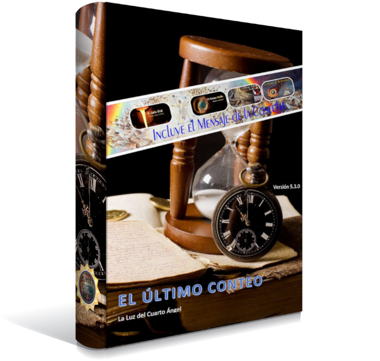 Imagen de un libro llamado "El Último ConteO" con elementos temáticos relacionados con el tiempo y el cosmos. En primer plano, una brújula y una caja de arena junto a un libro antiguo abierto. En la cubierta del libro se observan múltiples símbolos de la Mazzaroth en un contexto de exploración temporal y cósmica, junto con el texto "Incluye el Mensaje de la Profecía".