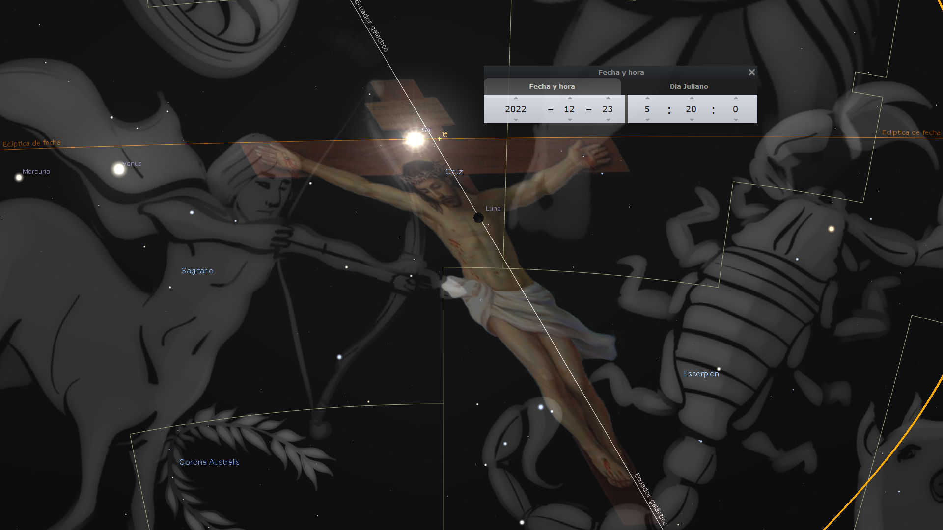 Imagen digital que muestra una representación de Jesucristo crucificado superpuesta a ilustraciones de agrupaciones estelares. Se observan líneas amarillas que indican la eclíptica y puntos brillantes que representan planetas como Venus y Mercurio, así como la Luna en proximidad a la figura central.