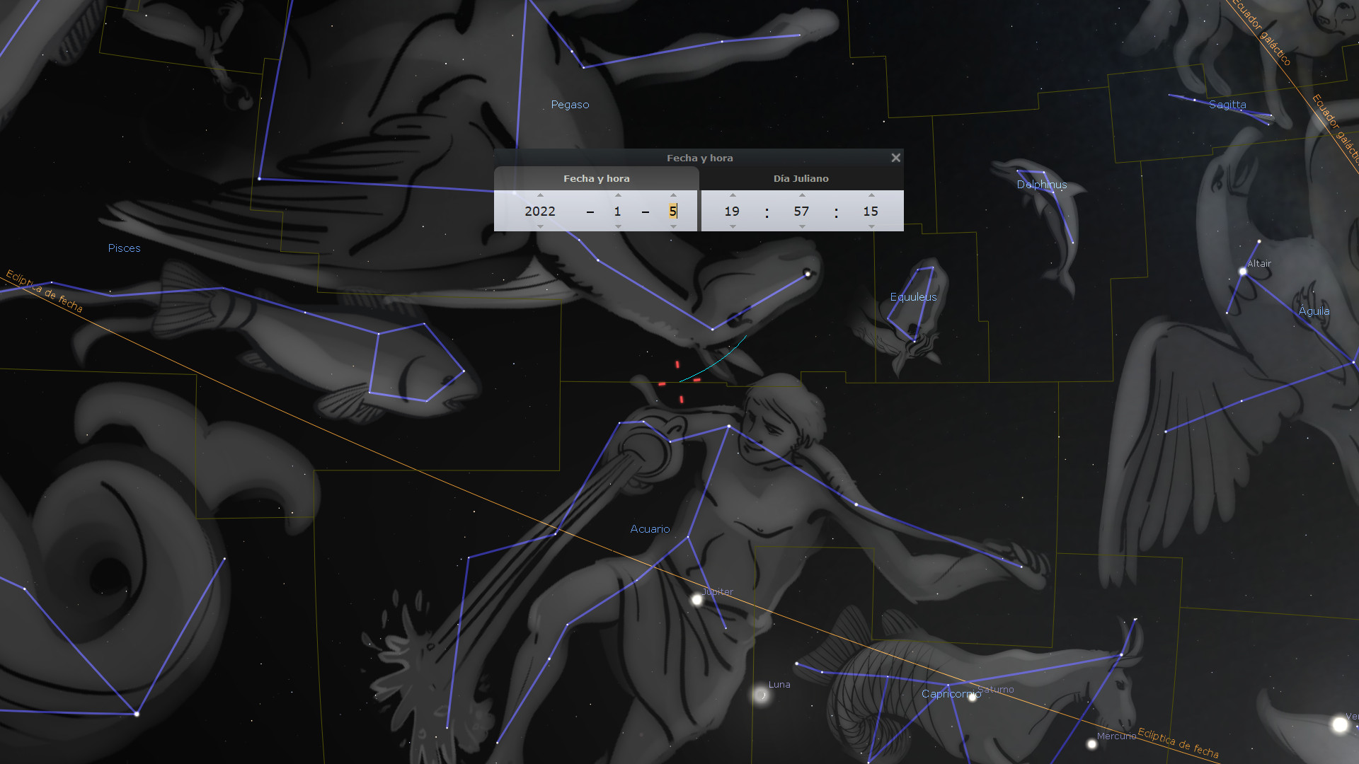 Representaciones artísticas de constelaciones conectadas con líneas azules sobre un fondo estrellado. Un diagrama interactivo muestra la posición de Jupiter y la Luna, etiquetados claramente, junto a iconos de las constelaciones. Los nombres de cada constelación están delineados, destacando grupos como Acuario, Capricornio, y otros elementos del Mazzaroth.