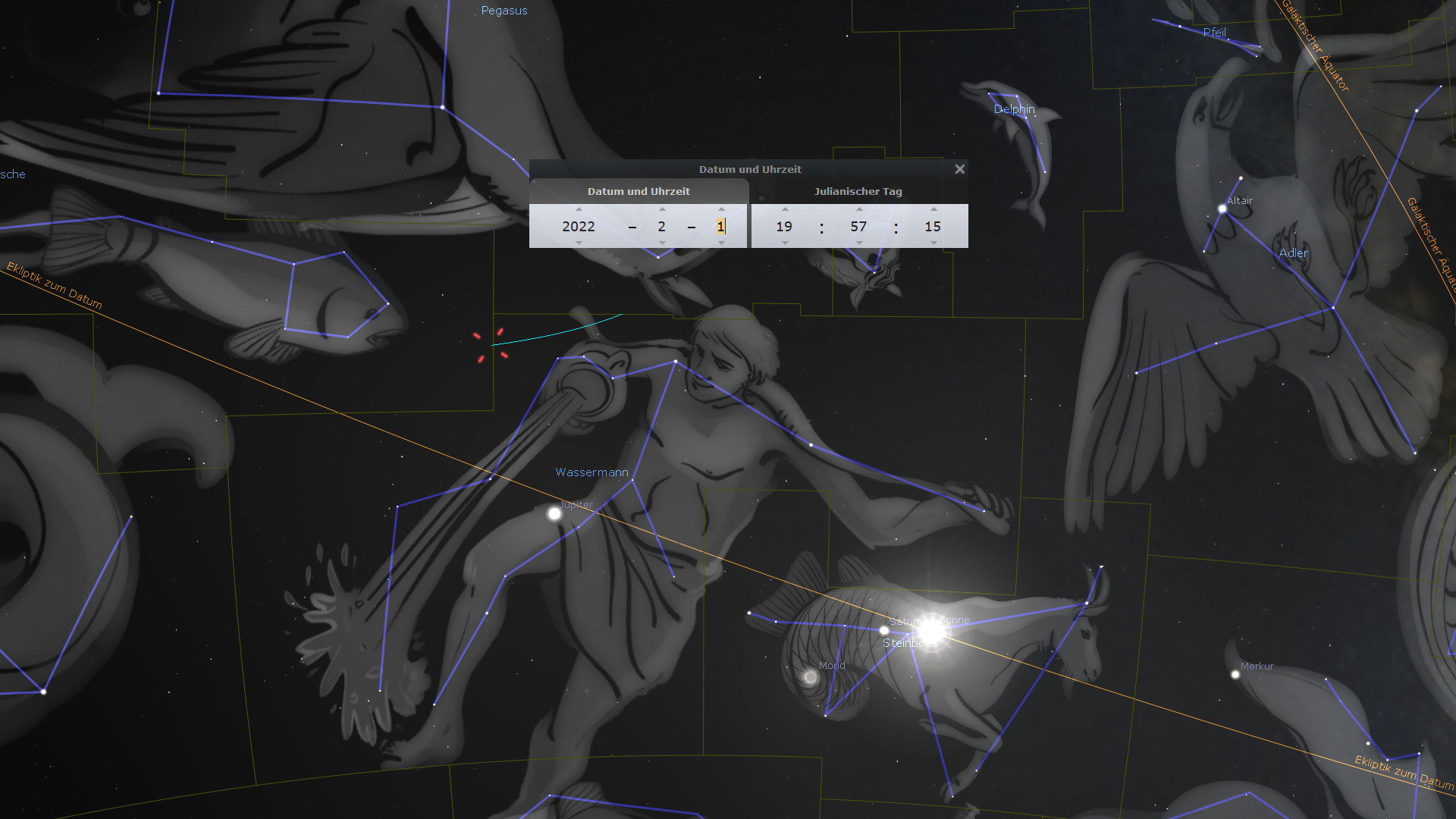 Ein digitales astronomisches Bild, das mehrere Konstellationen zeigt, darunter eine Figur, die einem Menschen mit einem Wasserkrug ähnelt und von Linien, die Sterne verbinden, umgeben ist. Im Bild ist auch ein Fenster mit Datum und Uhrzeit sichtbar, das den 1. Februar 2022 um 19:57 anzeigt.
