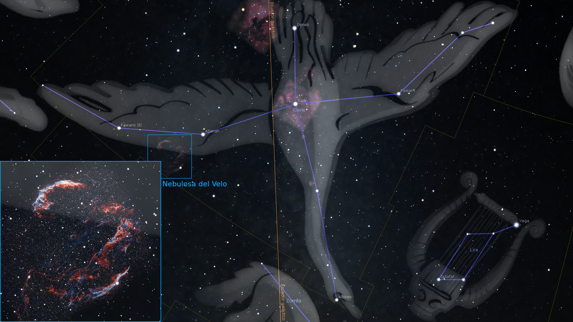 Representación gráfica de constelaciones con una imagen superpuesta de la Nebulosa del Velo. Destacan estrellas y patrones conectados por líneas para formar figuras que incluyen dos manos extendidas entre otros elementos astronómicos. Algunos nombres de estrellas y objetos celestes como Vega y Deneb están etiquetados.