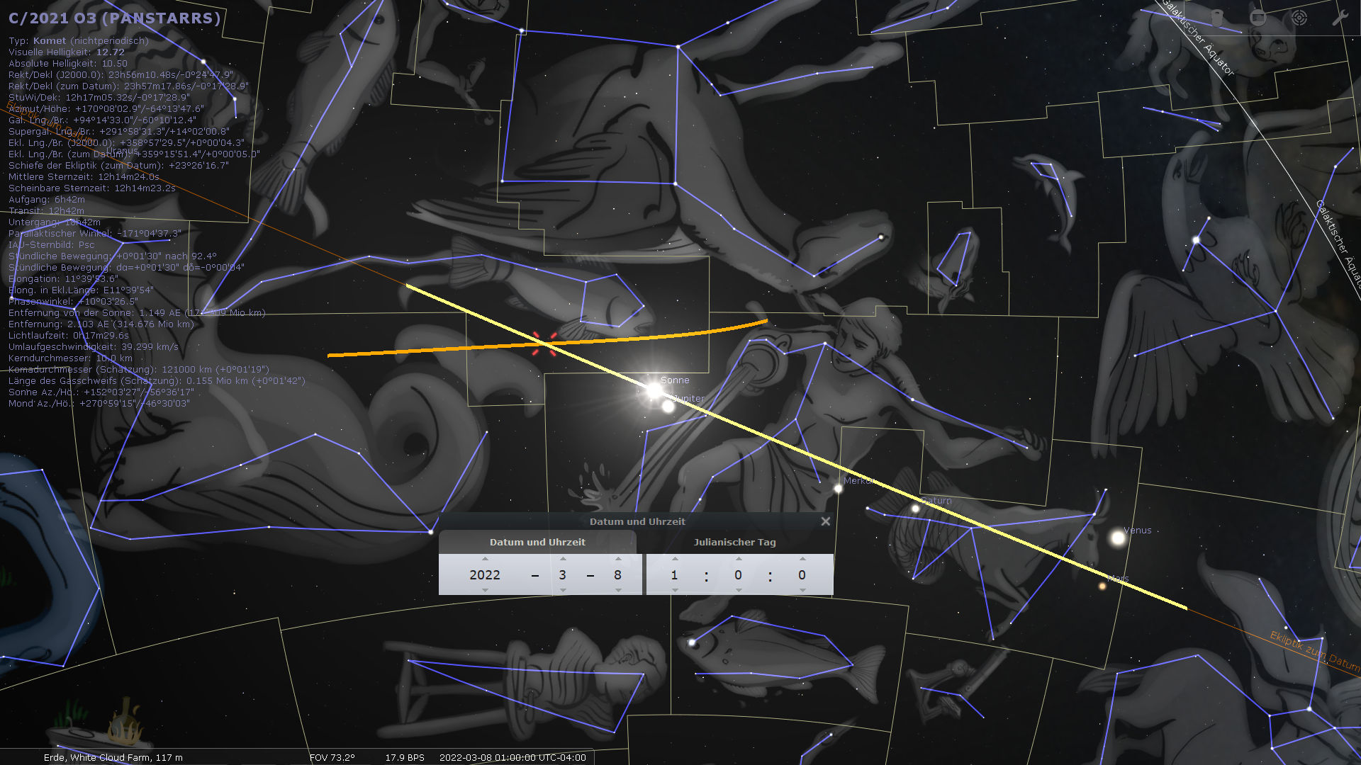 Dieses Bild zeigt eine astronomische Software, die den Nachthimmel abbildet mit Darstellung verschiedener Mazzaroth-Figuren in grauen Tönen. Durch das Bild ziehen sich gelbe und blaue Linien, welche astronomische Daten und Bahnen darstellen, einschließlich einer leuchtenden Darstellung der Sonne im Zentrum.
