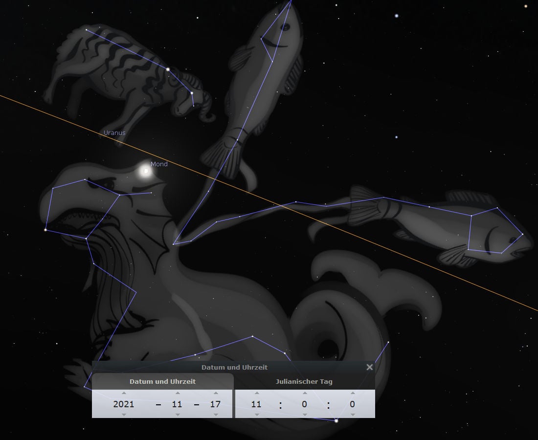 Eine künstlerische Darstellung des Nachthimmels zeigt den Mond und den Planeten Uranus inmitten verschiedener Sternenkonstellationen der Mazzaroth. Die Konstellationen sind als künstlerische Interpretationen von Tieren und Figuren dargestellt, mit eingezeichneten Linien, die die verbindenden Sterne markieren. Im Vordergrund ist ein Bedienfeld mit Datum und Uhrzeit zu sehen, die den 17. November 2021 um 0:00 Uhr anzeigen.