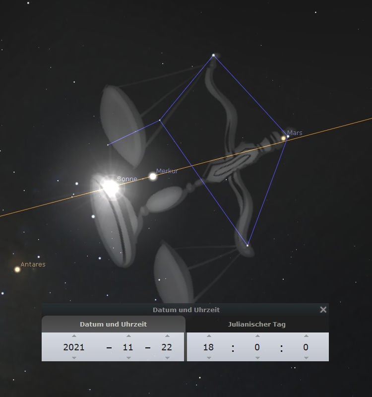 Astronomische Darstellung mit der Sonne, Mars und Stern Antares, verbunden durch Linien, die ein Kerubenähnliches Muster im Sternenbild des Mazzaroth bilden. Im Vordergrund eine Raumsonde. Unten ein Datums- und Uhrzeitfenster, das den 22. November 2021 als julianisches Datum zeigt.