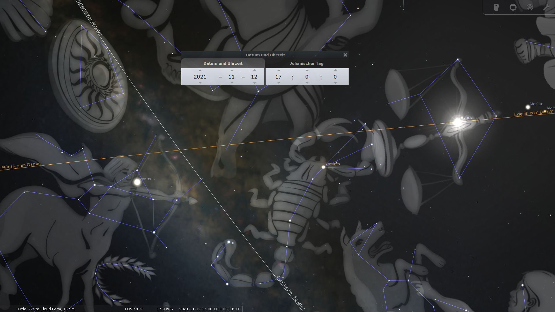 Astronomische Darstellung mit künstlerischen Illustrationen der Mazzaroth-Formationen im Nachthimmel, gezeigt durch verknüpfte Linien, die verschiedene Konstellationen darstellen. Ein sichtbarer heller Punkt stellt die Sonne dar, begleitet von Textboxen, die Datums- und Stellarpositionsinformationen anzeigen.
