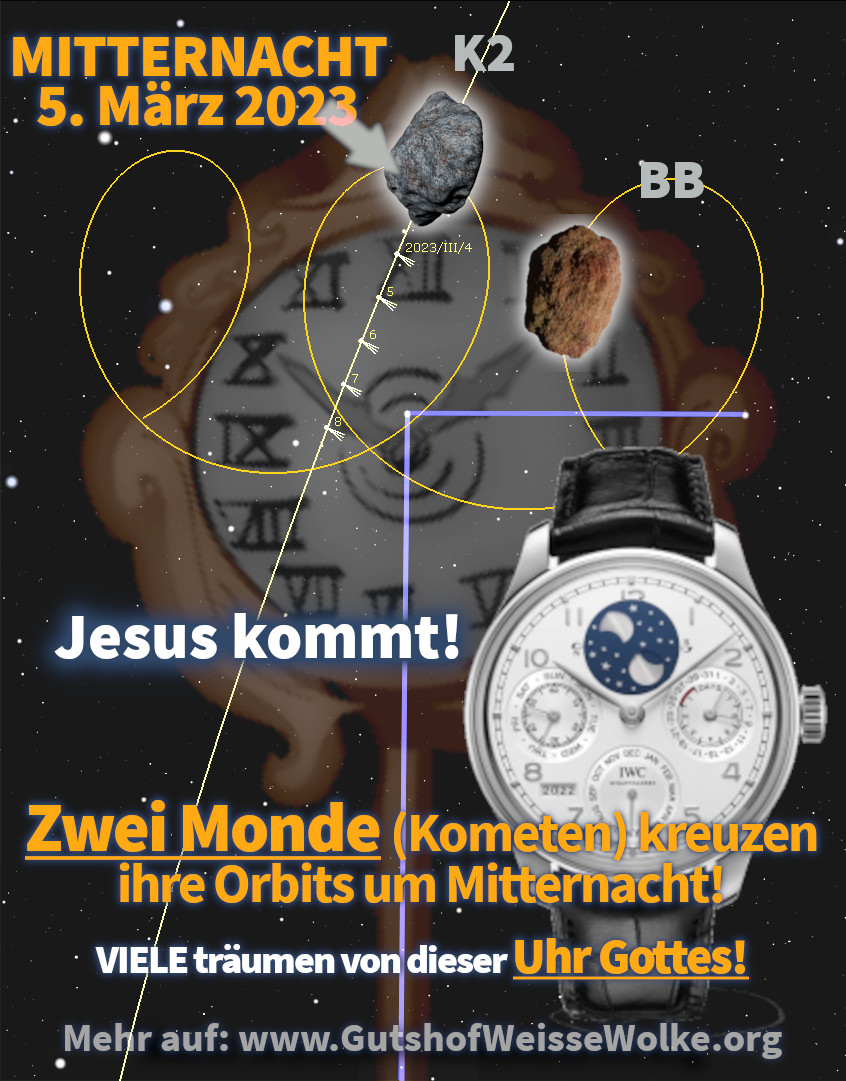 Ein digitales Bild, das eine Uhr mit astronomischen Motiven und den Text "Mitternacht 5. März 2023, Jesus kommt!" darstellt. Zwei kreuzende Kometenbahnen sind über der Uhr sichtbar, mit Datumsangaben 2023/11/4 an den Steinen, die Kometen repräsentieren. Hintergrund zeigt Sternenhimmel und schematische Darstellungen der Mazzaroth.