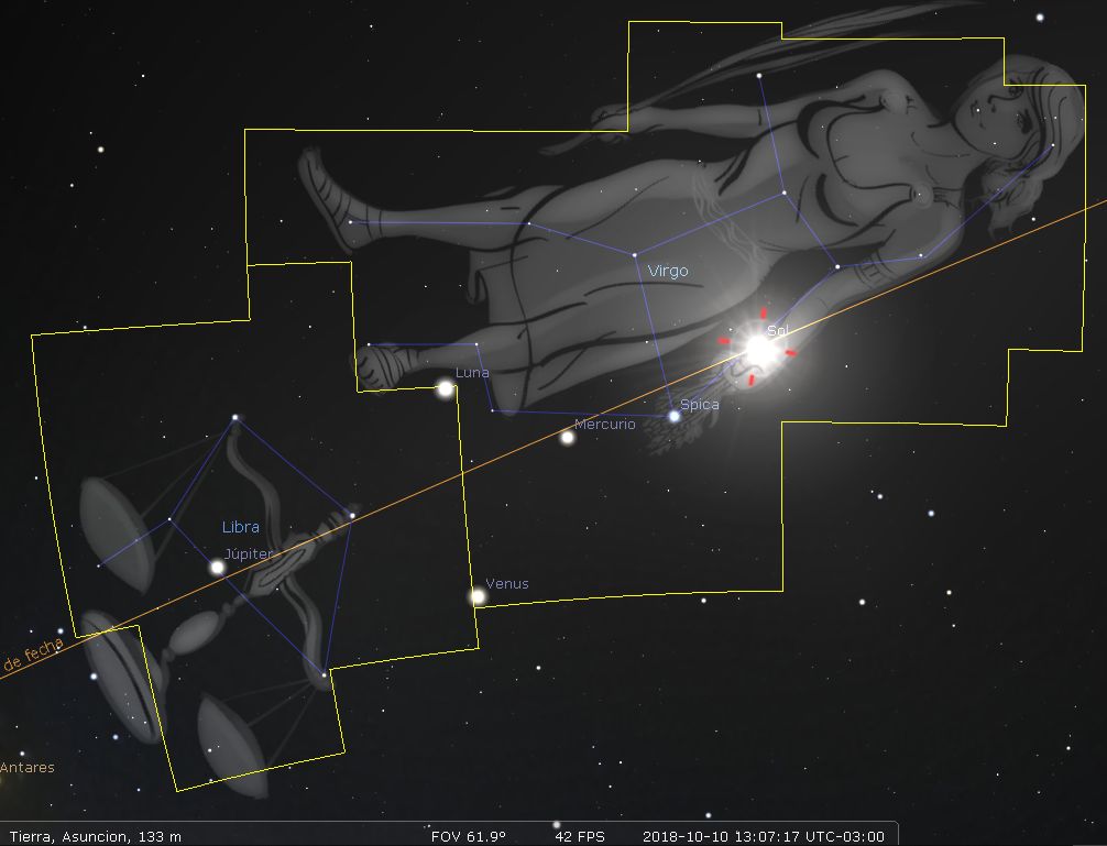 Vista de una sección del cielo nocturno mostrando estrellas, planetas y constelaciones identificados científicamente. Destaca una representación artística de una figura femenina que coincide con la agrupación de estrellas de la constelación Virgo en la Mazzaroth, rodeada por otros objetos celestiales como la Luna, Mercurio, Venus y Júpiter.