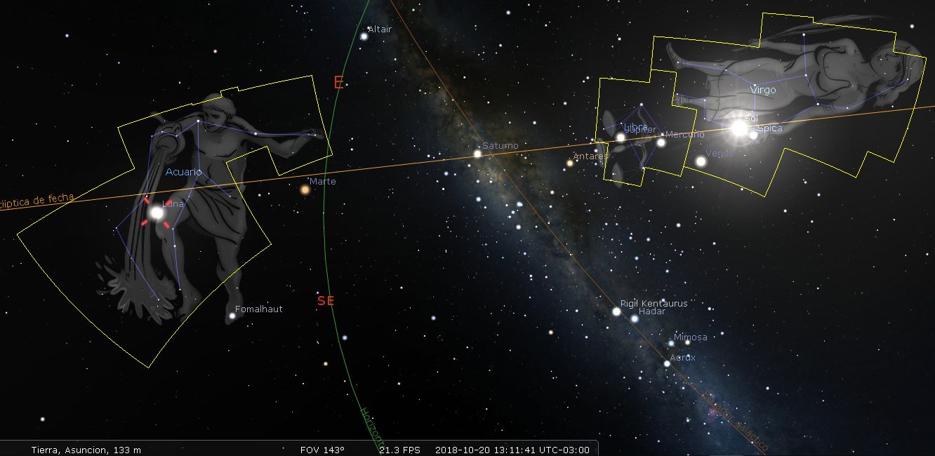 Imagen del cielo estrellado que muestra dos constelaciones importantes, representadas como figuras humanas, dentro de líneas amarillas que delinean sus formas. Se observan diversos cuerpos celestes, como planetas y estrellas, y se identifican objetos como Marte, Saturno y la Luna. Los nombres de estrellas y coordenadas astronómicas también son visibles.